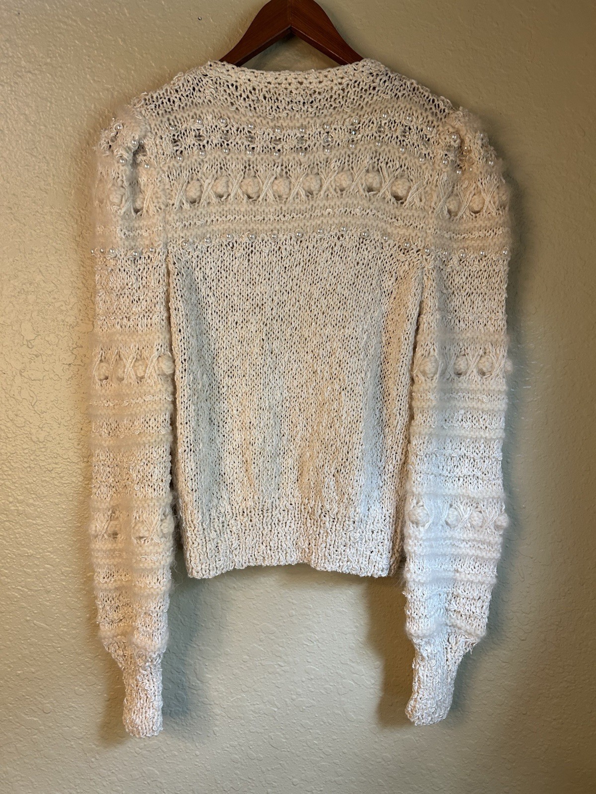 Vintage Crochet Ivory Angora Sparkling Beaded Pearl Button Long Sleeve Sweater