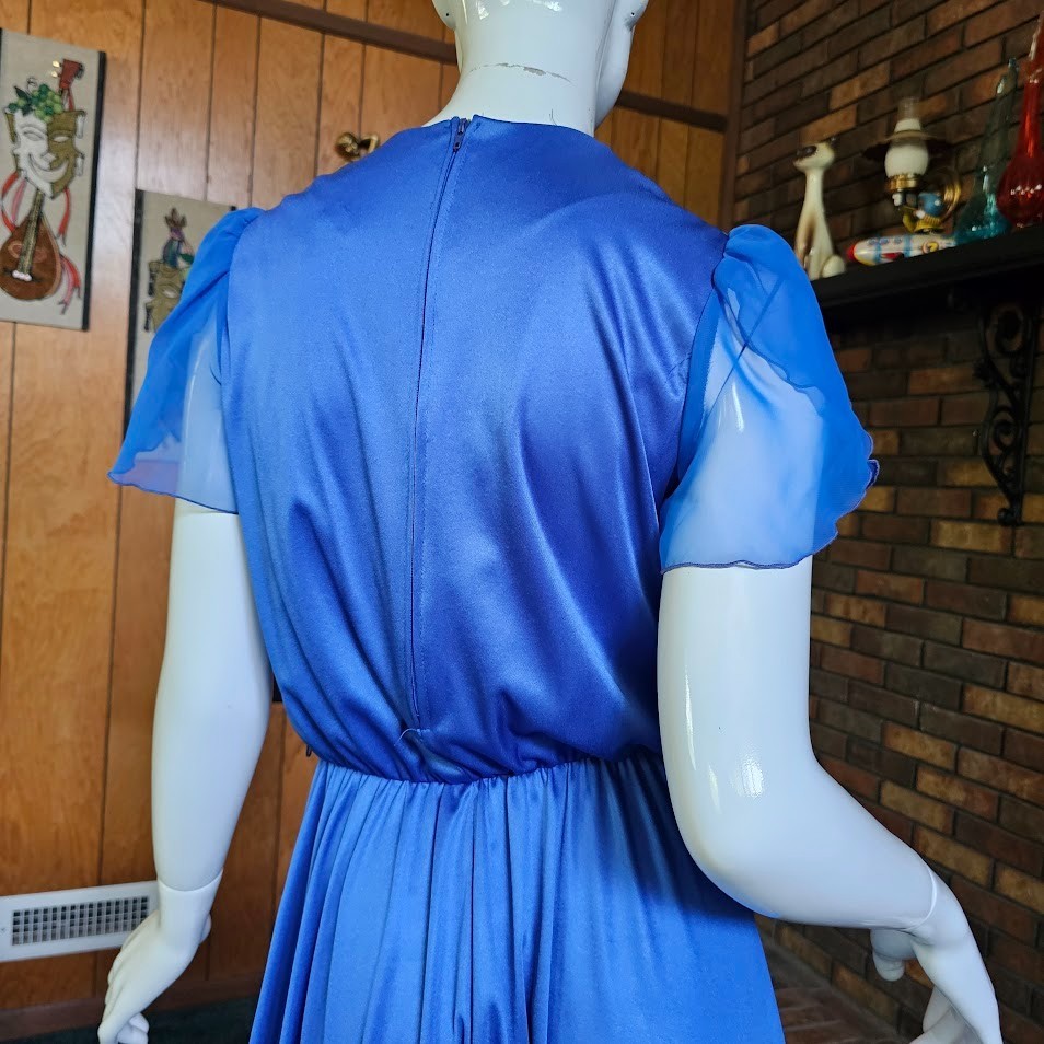 Vtg 80s Disco Liquid Jersey Chiffon Flutter Sleeves Sweeping Dancing Skirt S/M
