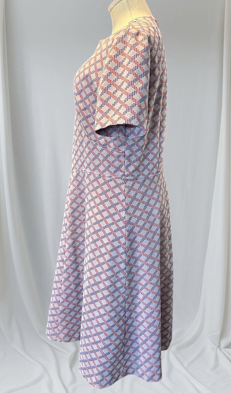 Mod Print Hand Made L Polyester Dress 1960’s Blue Red White Plaid Vtg