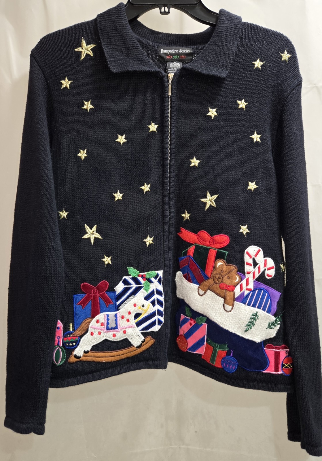 Vintage Women’s Hampshire Studio Blue Christmas Zip Sweater Presents Santa MED