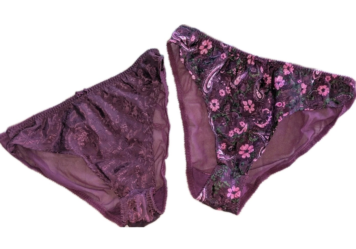 2 Vtg Secret Treasures Jacquard Satin,Sheer Back Hi Leg Bikini Panties sz 6/M