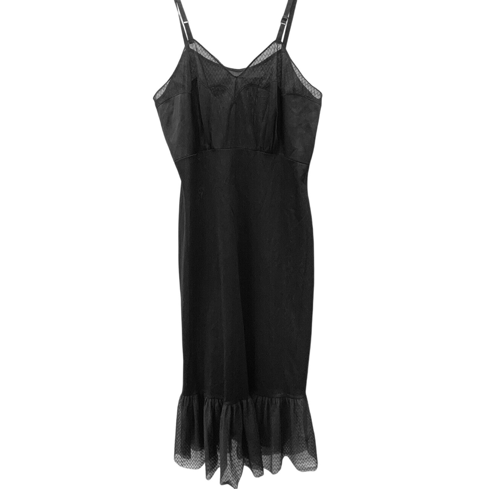VTG 1950s Black Nylon Full Slip Sheer Pin Up Boudoir Lingerie 34