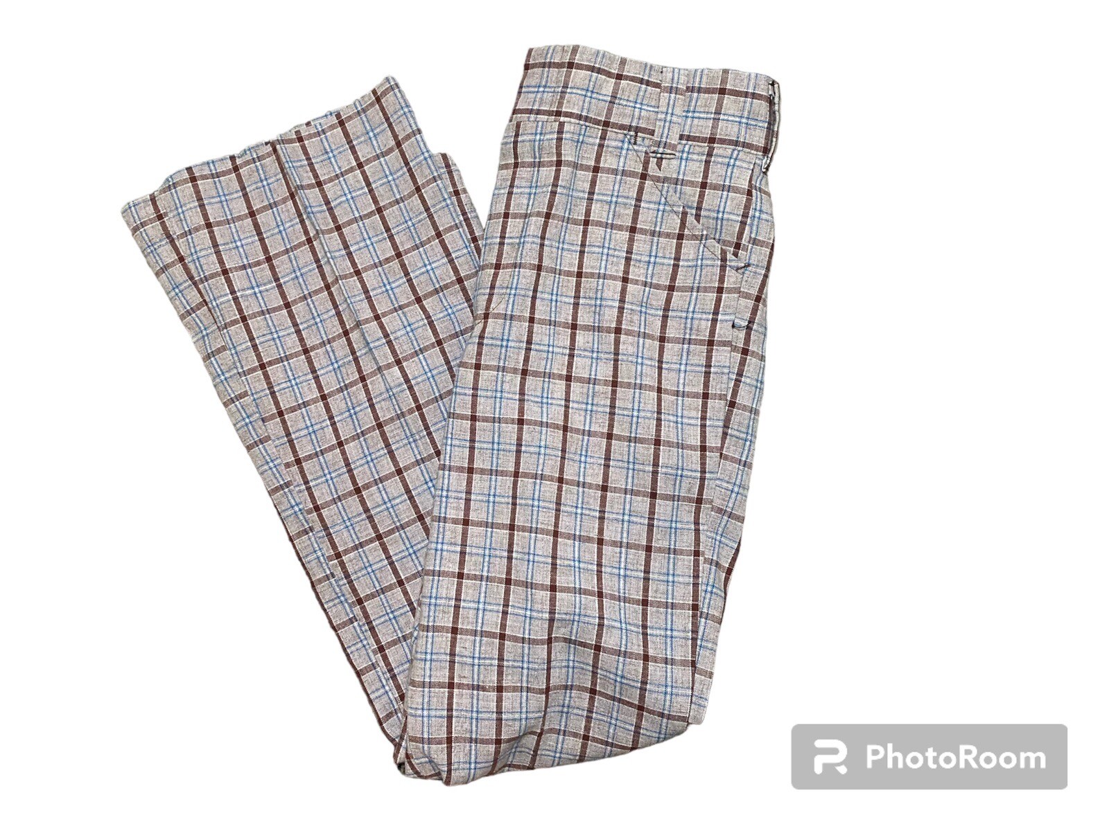 Vintage 70s brown And Blue Plaid Pants With Fastener And Zipper.