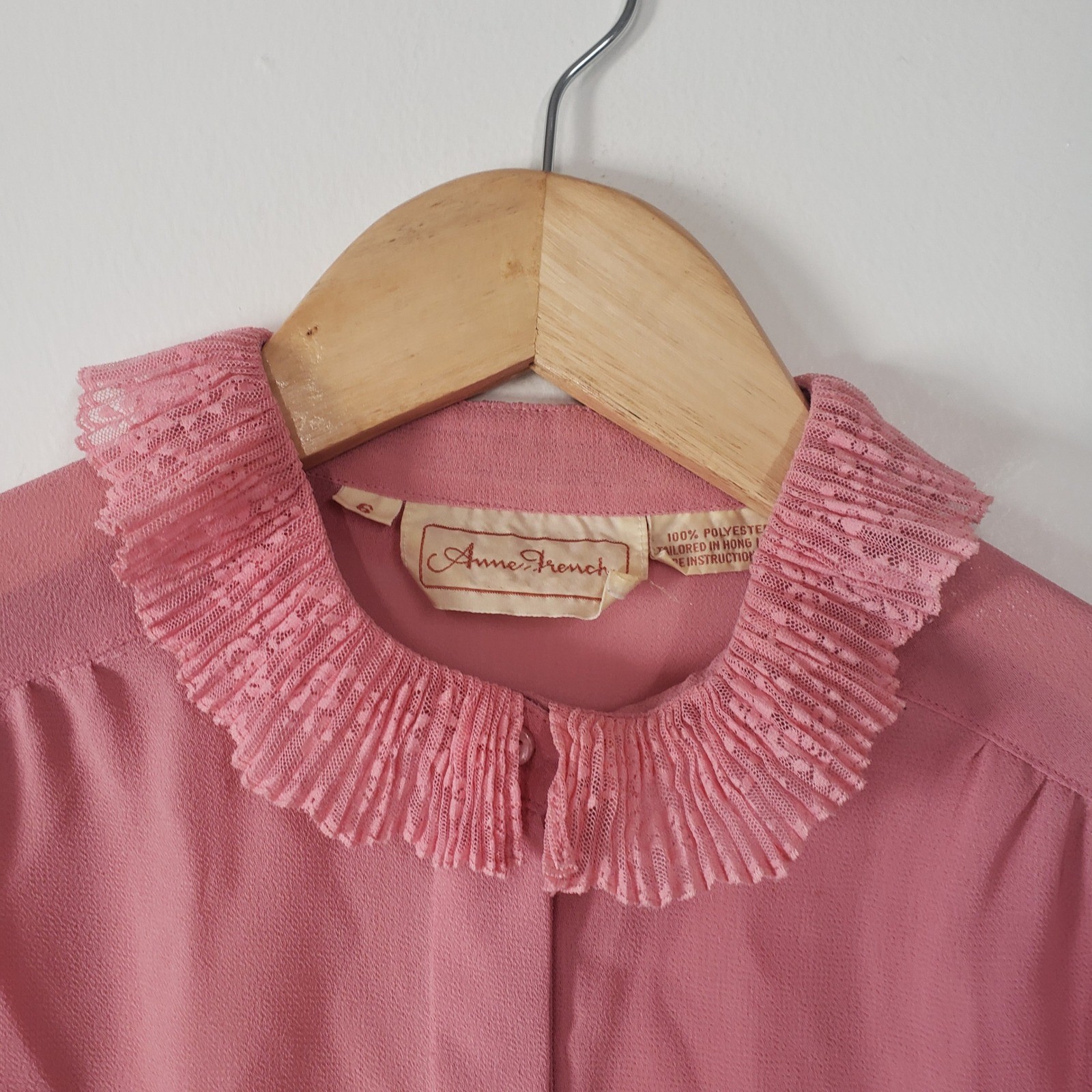 Anne French Ruffle Collar Blouse Womens 6 Pink Vintage 80s Lace Trim Long Sleeve