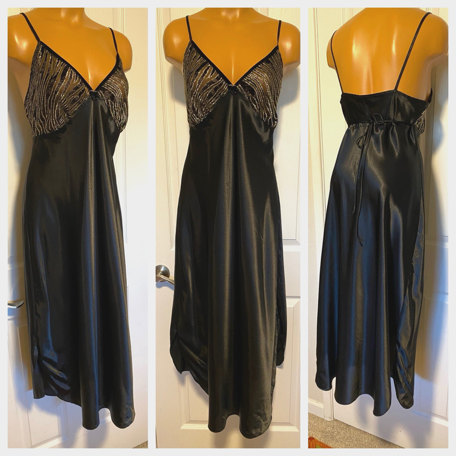 VTG 90’s ROMANTIC MOODS BLACK SATIN W/ GLITTERY GOLD BODICE NIGHTGOWN SZ L