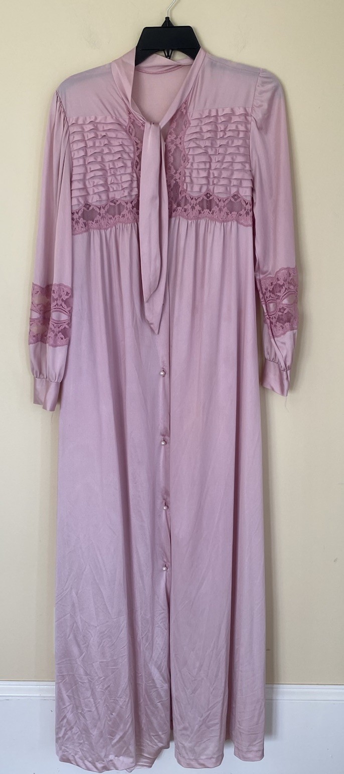 VTG Lily Of France Pink Nylon Robe Lace Accordion Pleating Necktie Large