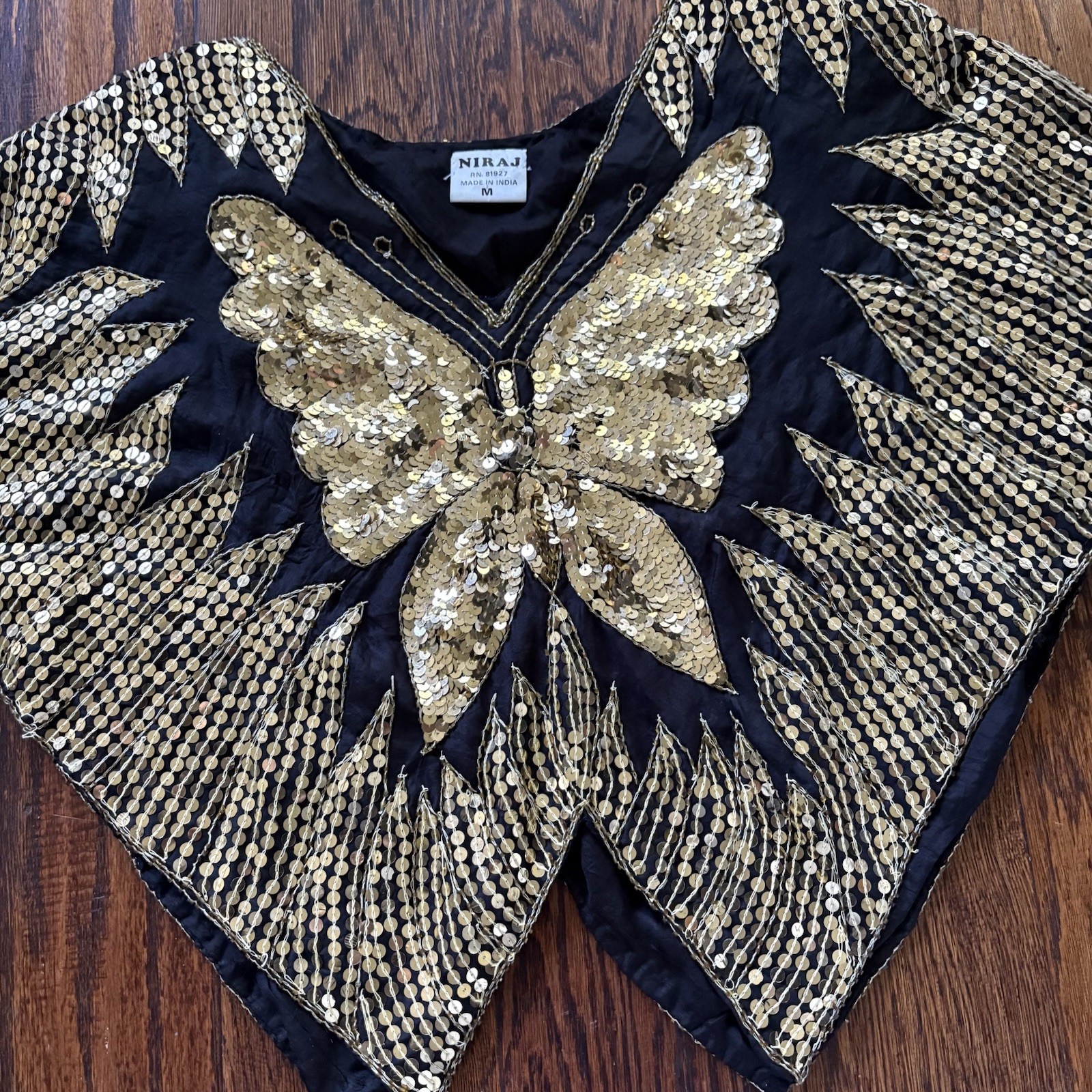 Vintage NIRAJ Silk Sequin Butterfly Blouse Top Black Gold Batwing Dolman Size M