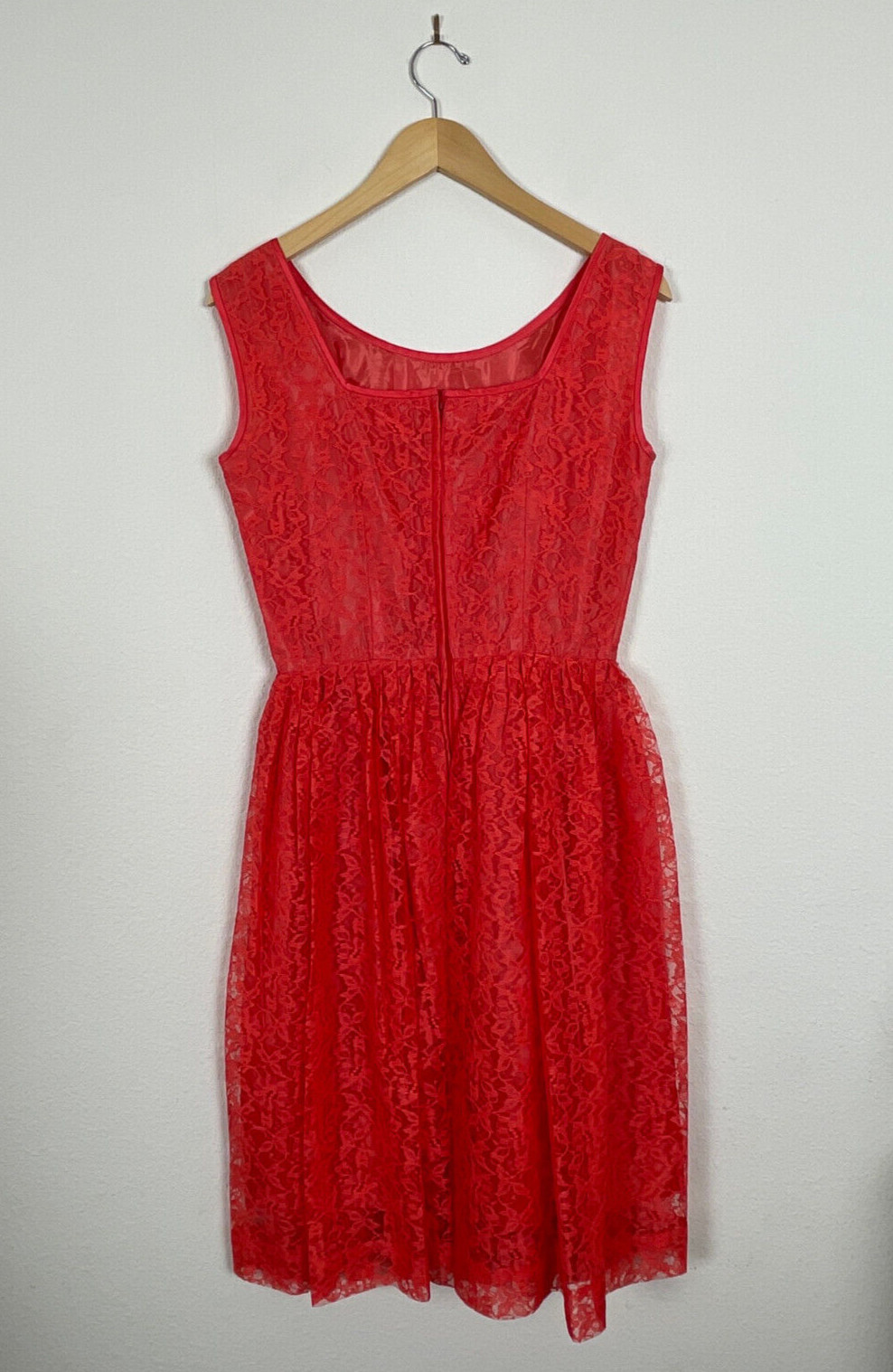 Vtg 50s CORAL LACE Dress J. Harlan Rockabilly Pinup Red Party Sheer Sexy 1950s