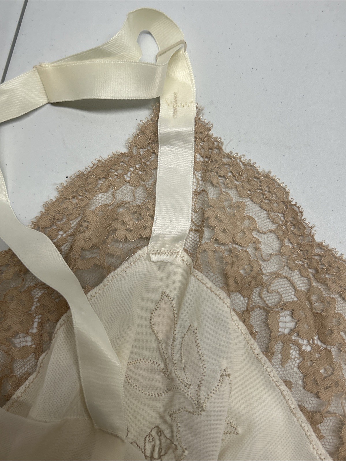 Vintage Top Form Slip Dress Nightie Cream Tan Lace Sz 34 Embroidered S3