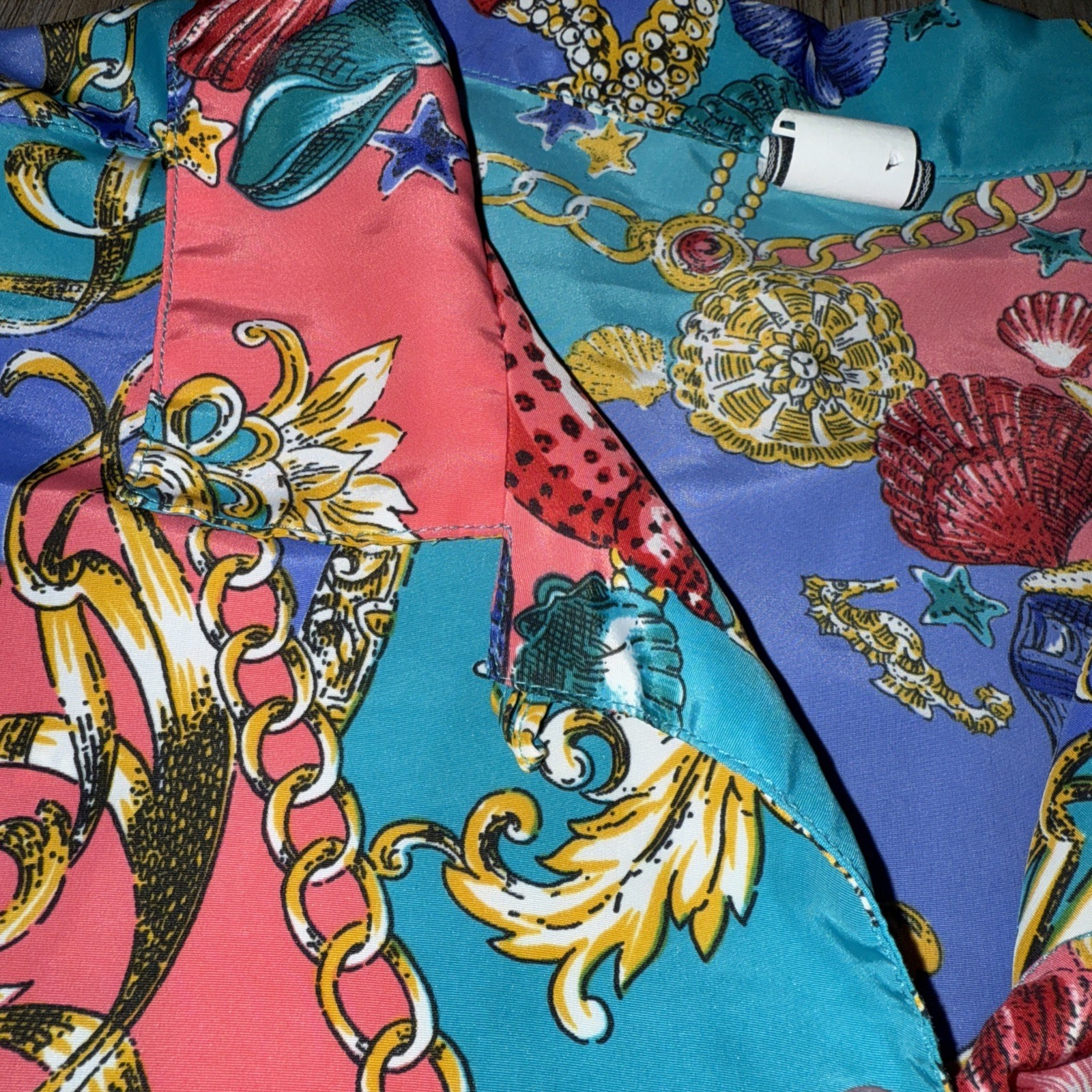 Vintage 80s Eva Silky Blouse Button Up Sea Shells Golden Treasure Size 15/16 XL