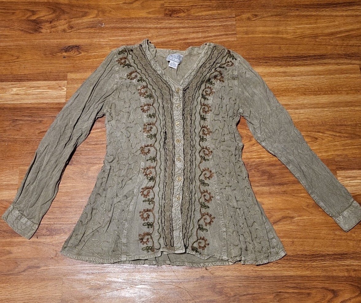 VTG 80s Speed Limit MPH Brown Green Embroidered L/S Top XL