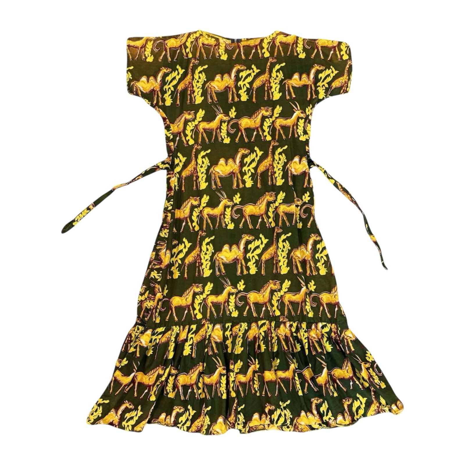 Vintage 1940’s SAFARI PRINT COTTON DRESS S Belted Skirt Ruffle Tiki Animal Print