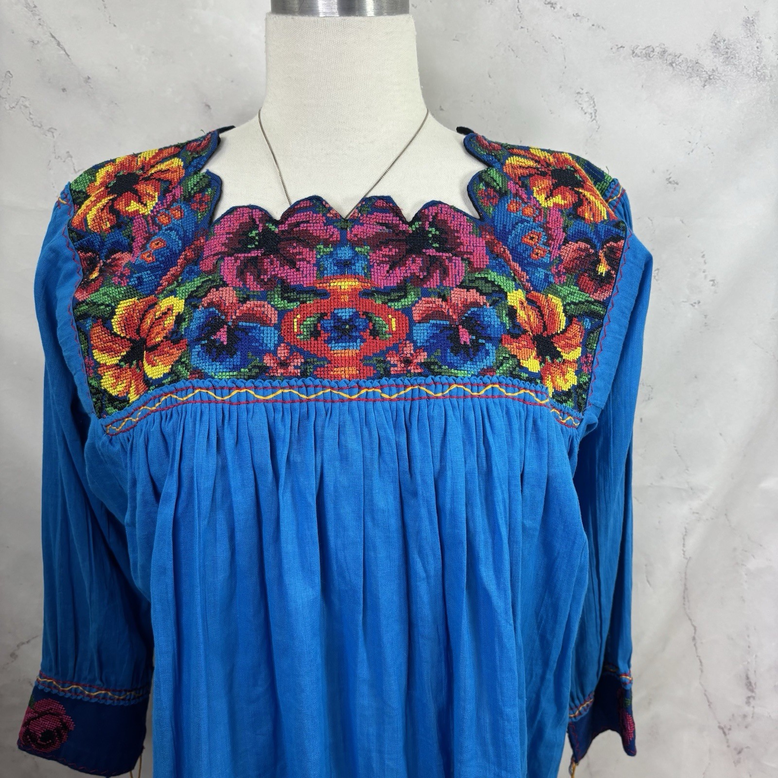 Vtg 70s Mexican Embroidered Cotton Tunic Blouse Boho Peasant Green Huipil M