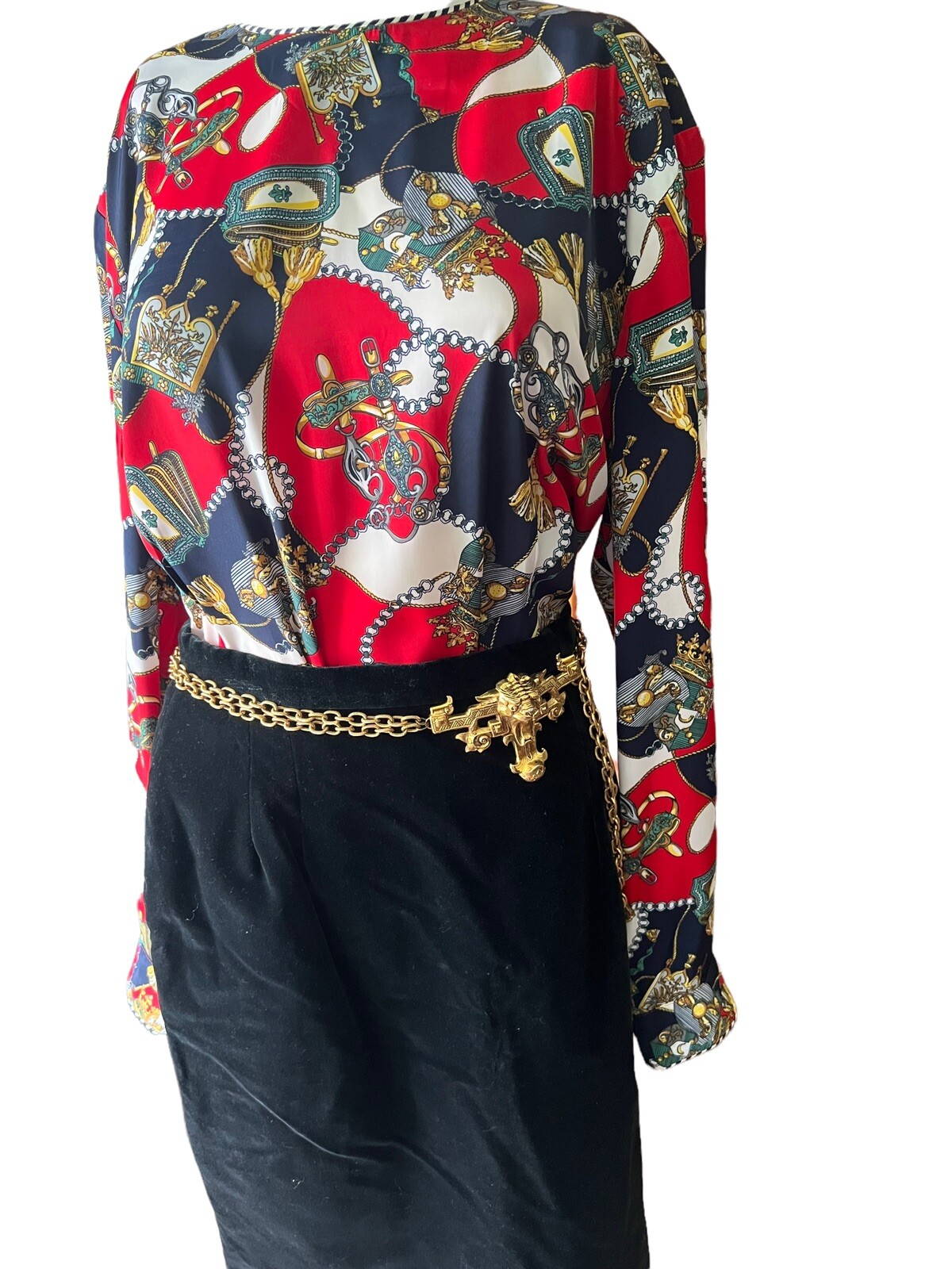 Mint Vtg Baroque Blouse Multicolor Crown Shield Chains Rope Sz Large Equestrian