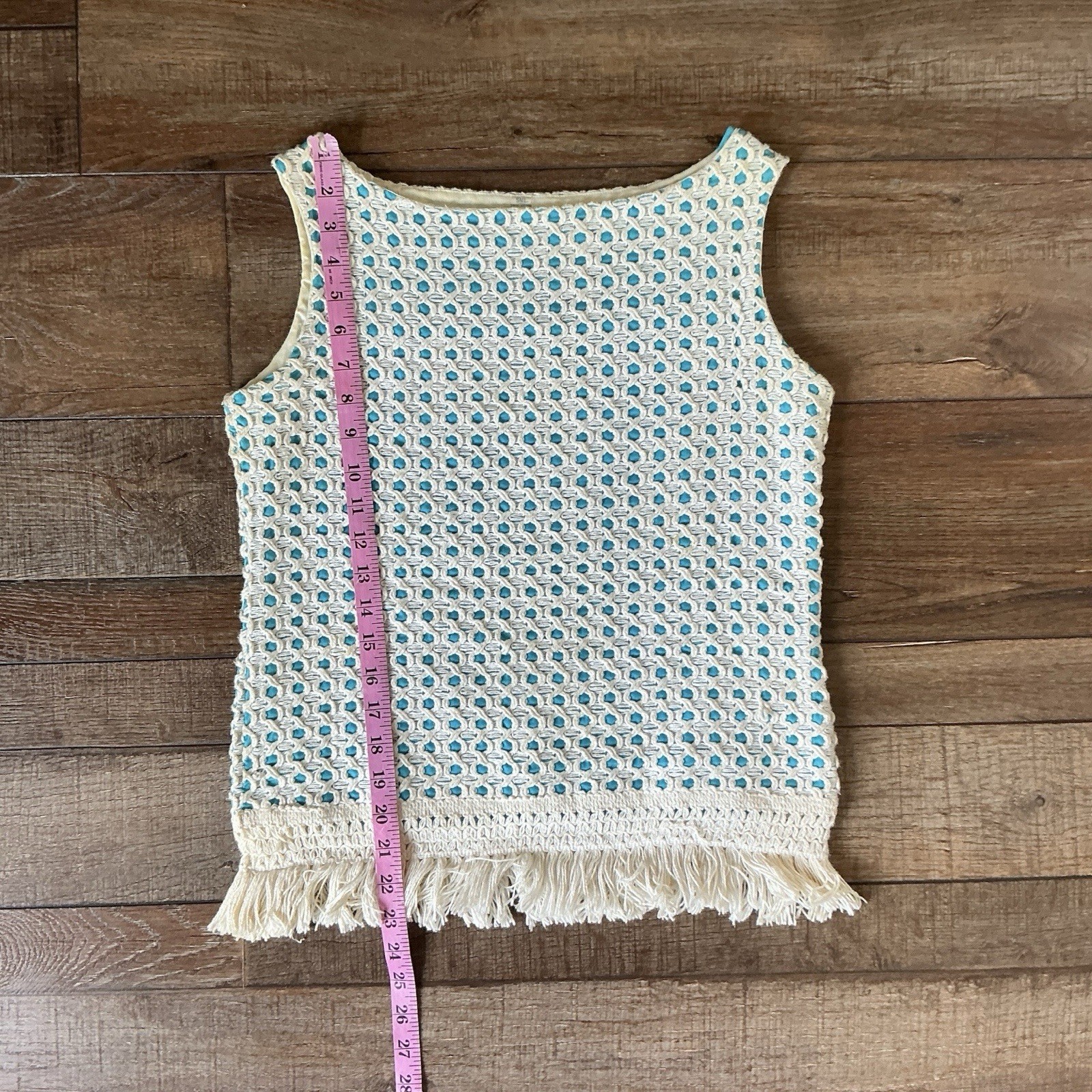 60s VTG Sally Gee Creation Cream Teal Woven Ribbon Fringe Tank Top Sz S USA 21D8