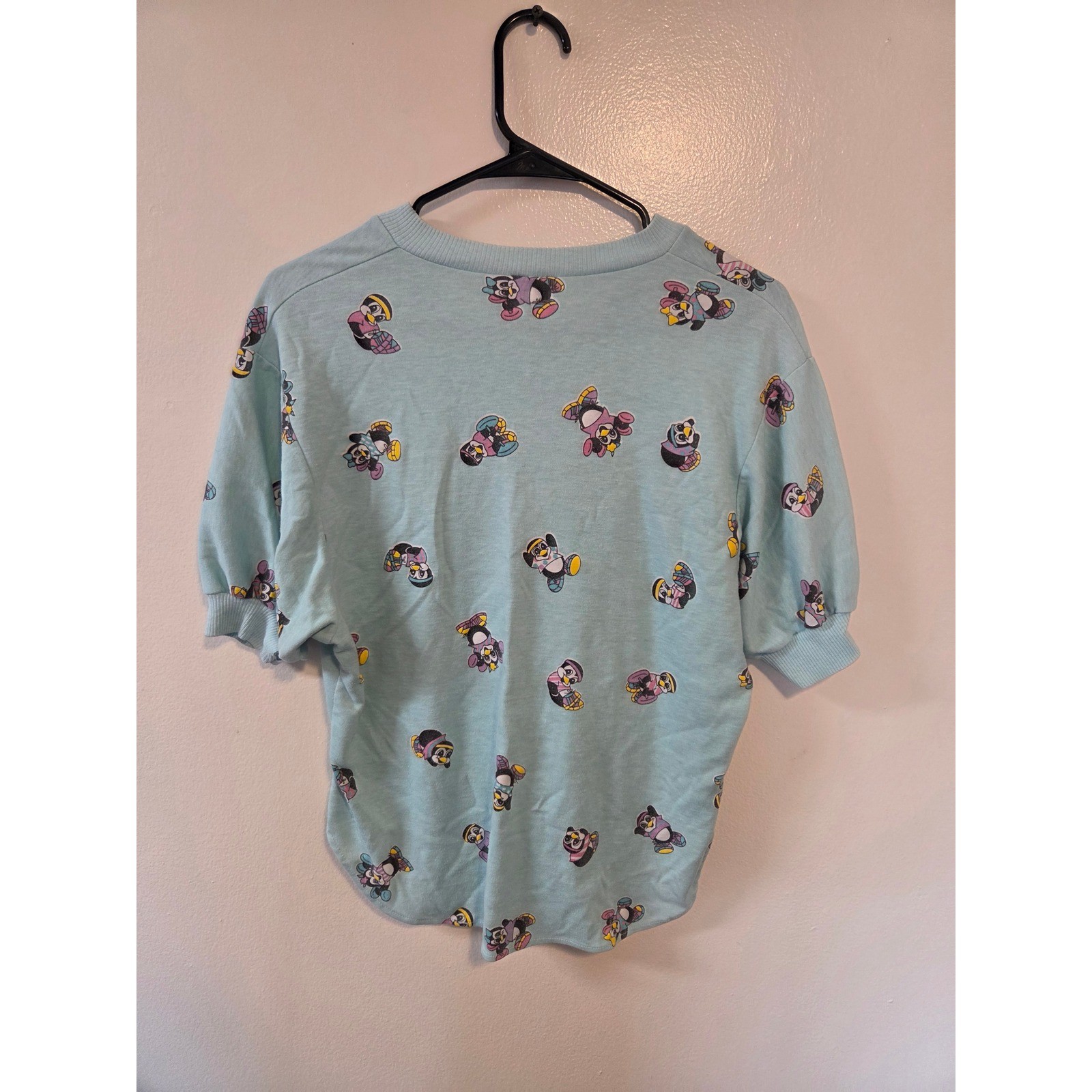 Vintage Sky Lite Fashion Penguin Print Polo Shirt Light Blue Short Sleeve USA