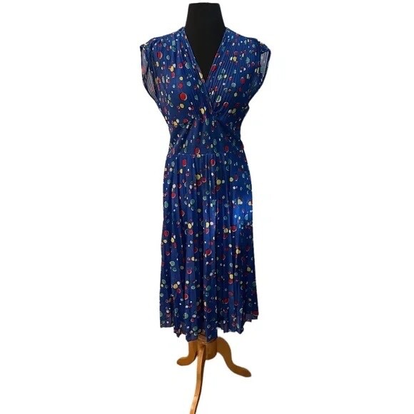 Vintage Jonathan Logan 1975s Paint Dot Print Crepe Blue MultiColor V Neck Dress