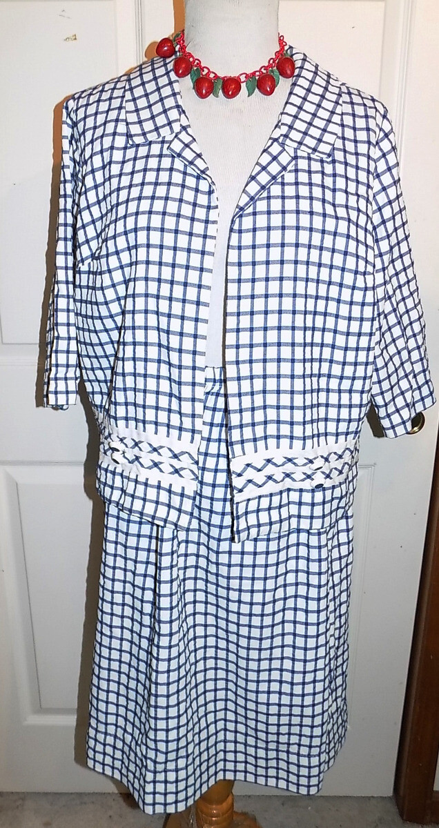 Vintage 60s Blue & White Ribbed Windowpane Cay Artley Suit B44 Size 22 1/2