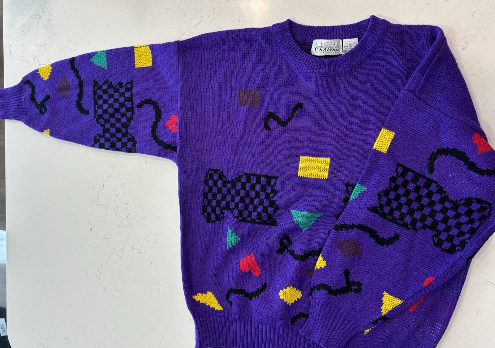 Vintage 80s Chateau Sweater M Purple Abstract Geometric Novelty Knit Colorblock