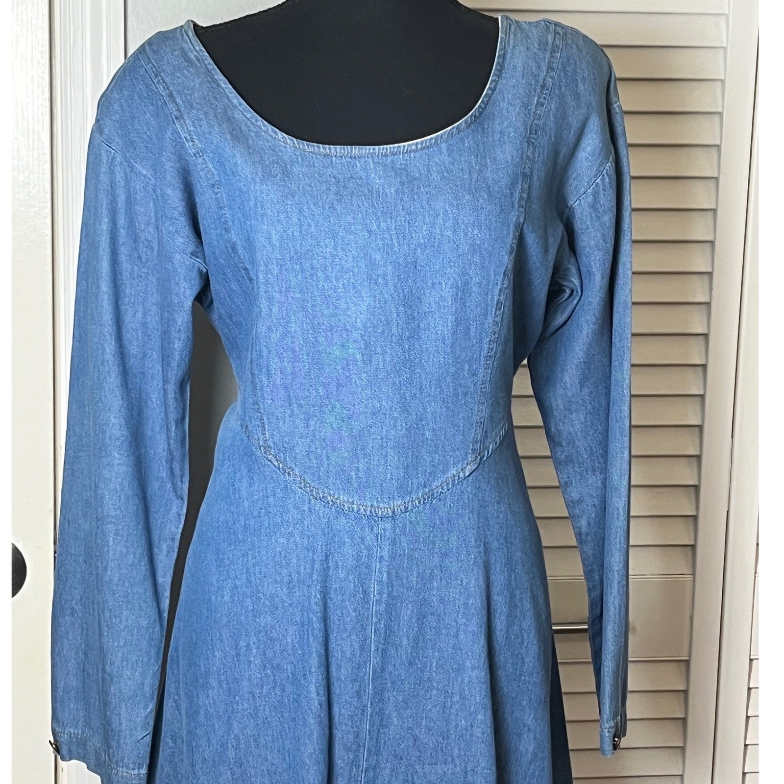 Vtg Womens Denim Long Sleeve Midi Dress Tickets California 80s Western Prarie LG
