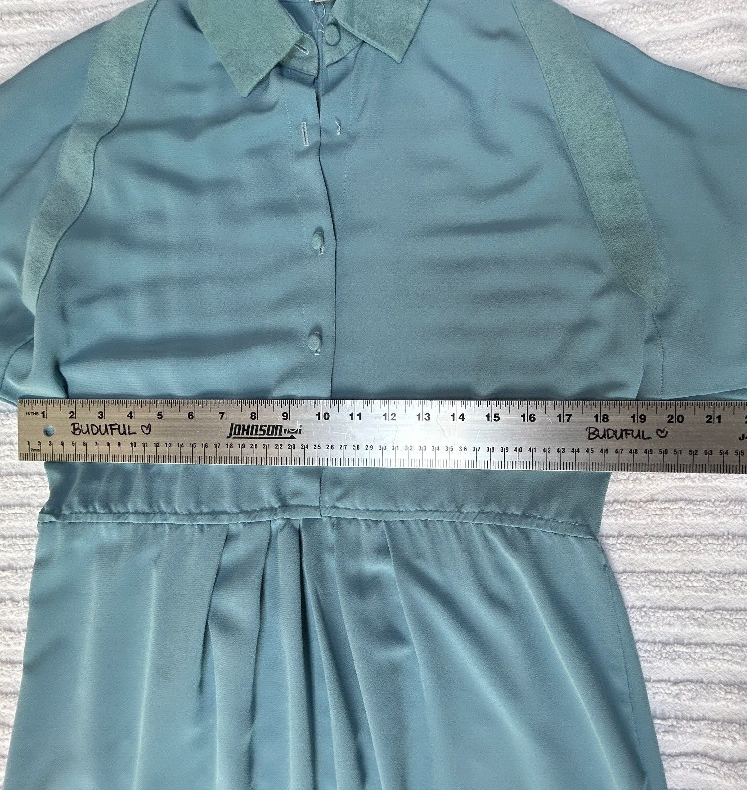 Vintage ILGWU Union Made Lilli Ann Blue Long Sleeve Shirt Midi Dress Suede Trim