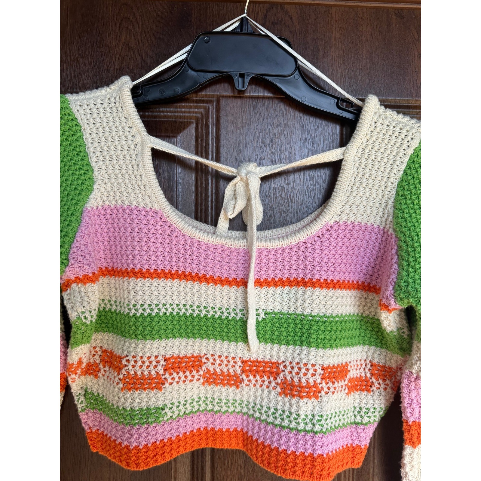 Grey Bandit Teenage Dream Retro Boho Knit Crochet Long Sleeve Crop Top SZ S