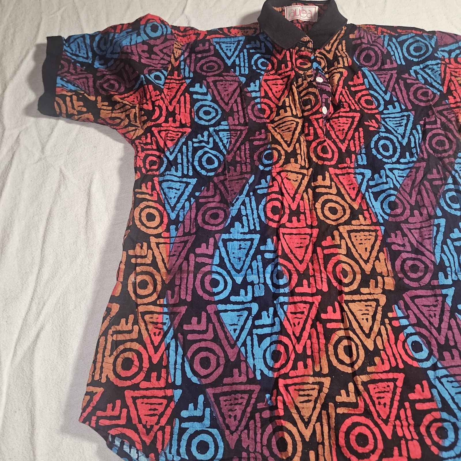 Vintage 80s 90s Geometric Blouse Polo New Wave Punk Medium Red Orange Blue Black