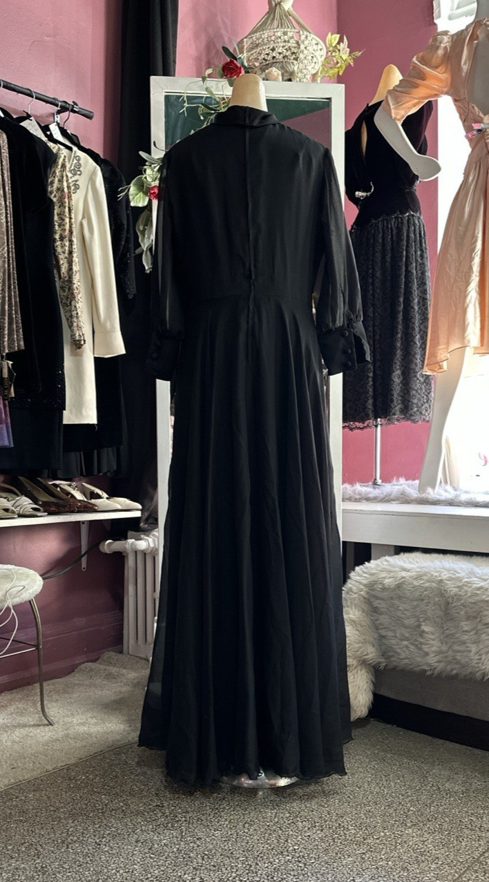 Vintage 60s 70s Formal Maxi Evening Hostess Dress Black Sequins Modest M/L