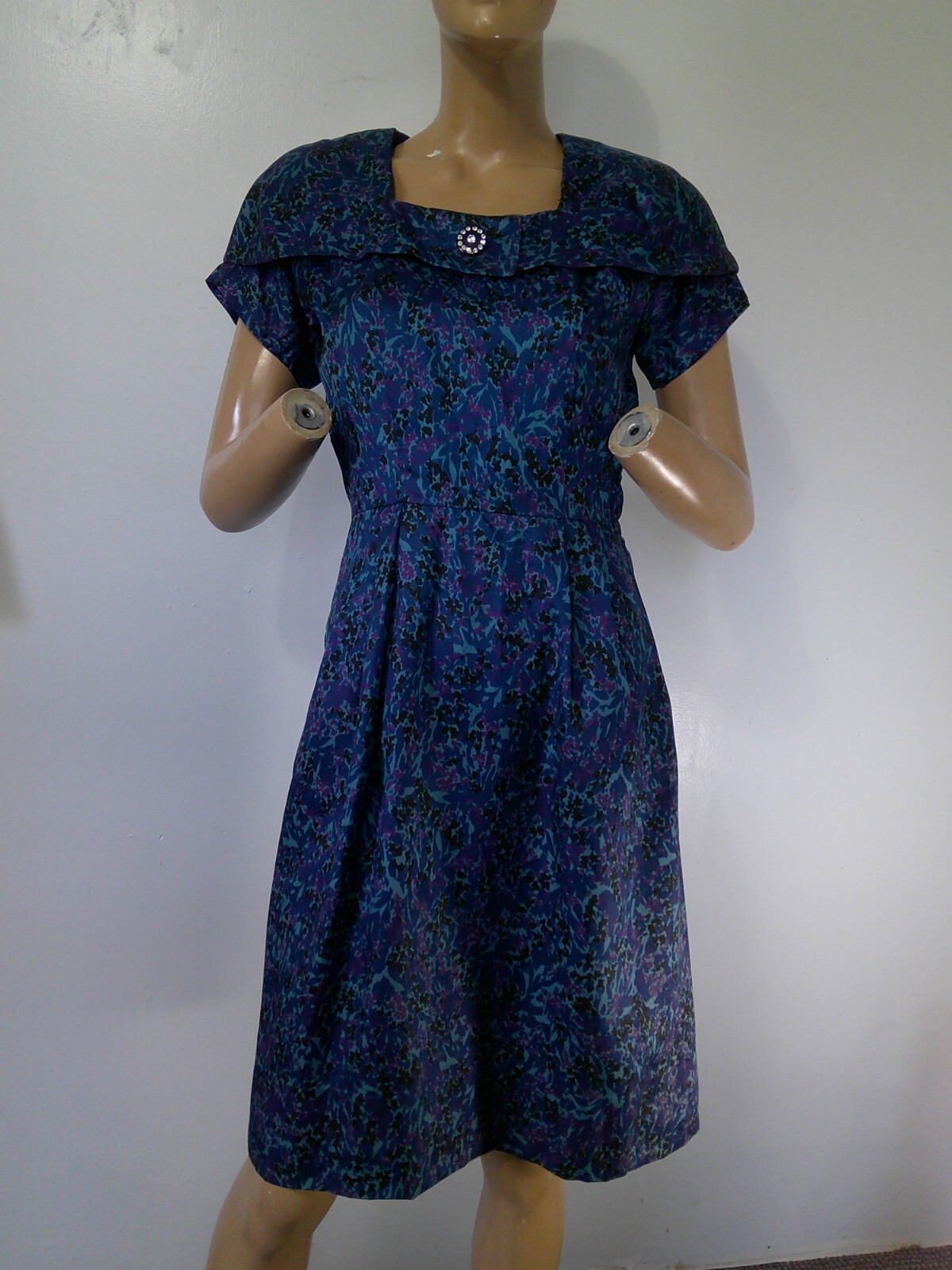 Vtg 50’s GLORIA SWANSON by Forever Young Blue Purple Print Wiggle Shift Dress M