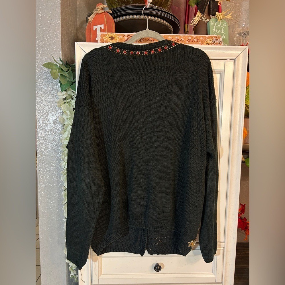 Vintage Black Beaded Sequin Gemstone Floral Cardigan Sweater Large Holiday