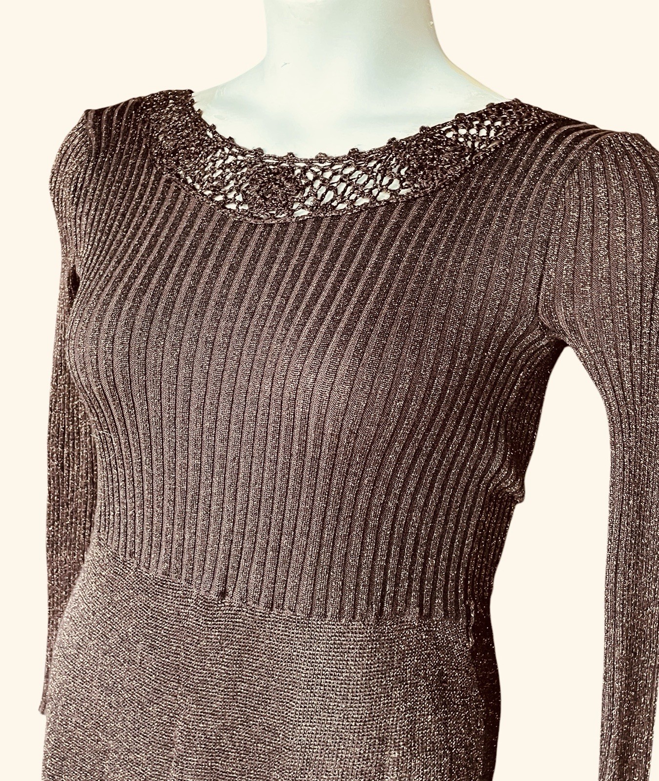 Vtg 70’s WENJILLI Bronze Metallic Slinky Knit Lurex Shimmer Maxi Dress 11 / 12