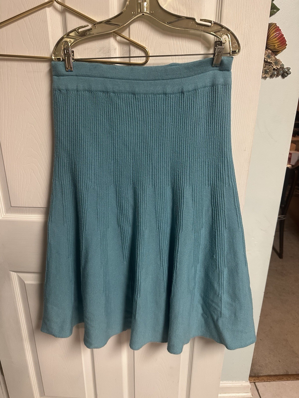 Vintage 60s 70s Flair A-Line Midi Skirt size Xl 18 Green Ribbed Tricoville 36×31