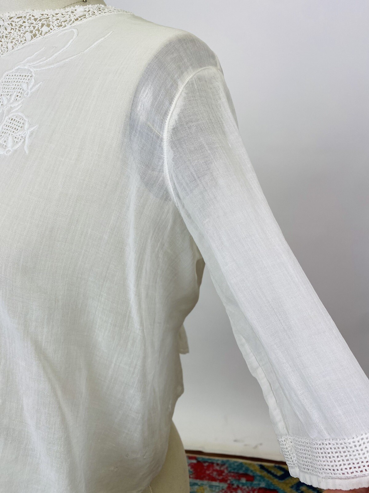 Antique Edwardian white cotton blouse with crochet lace and embroidery as is