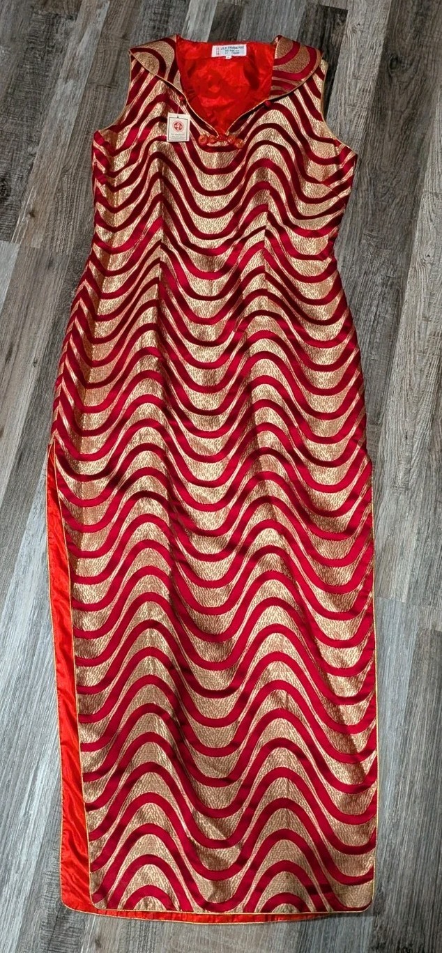 Vintage Old Shanghai Red Gold Wave Cheongsam Dress Size Large, New With Tags