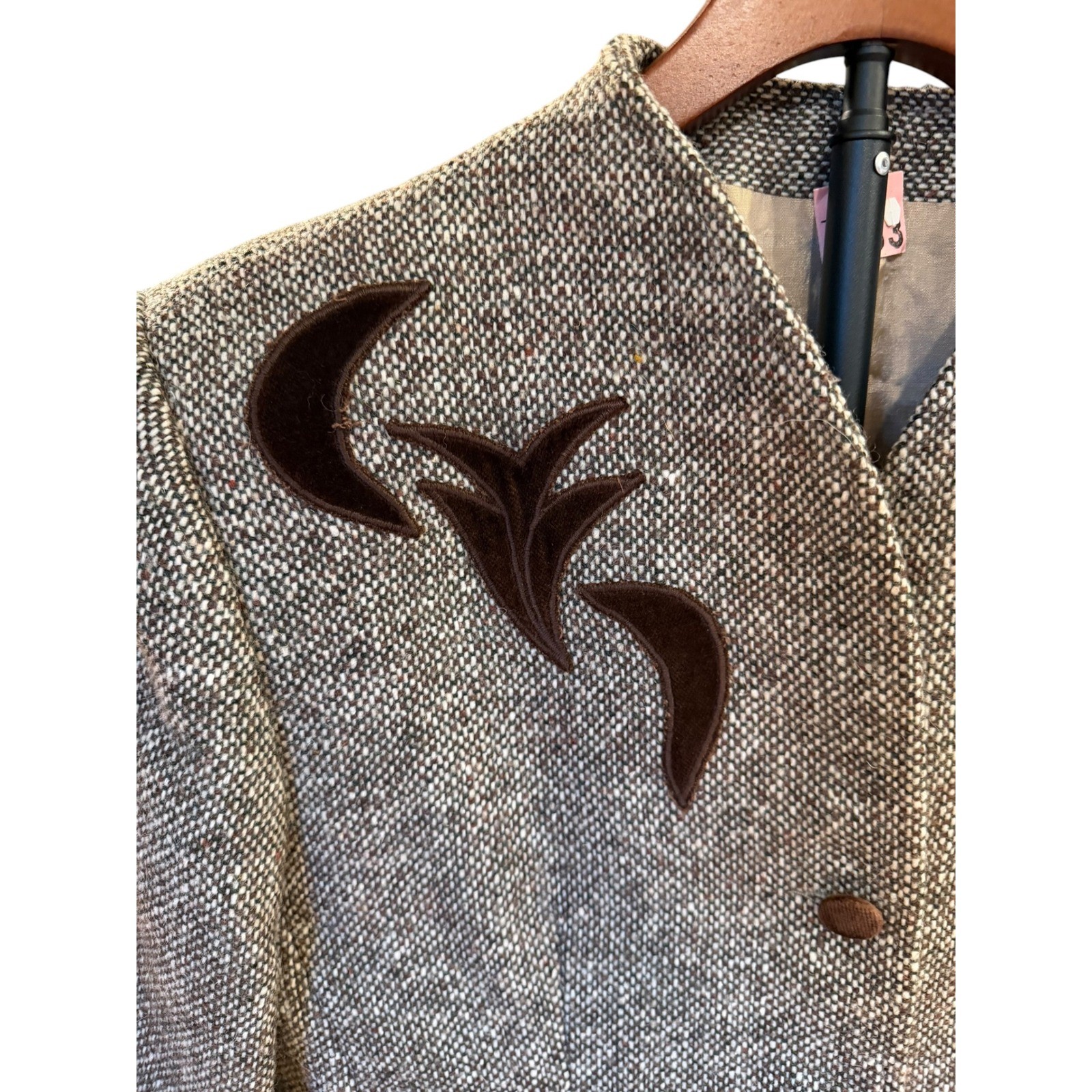 Vtg France Tweed Wool Blend Jacket Brown Velvet Applique Blazer sz XS Western