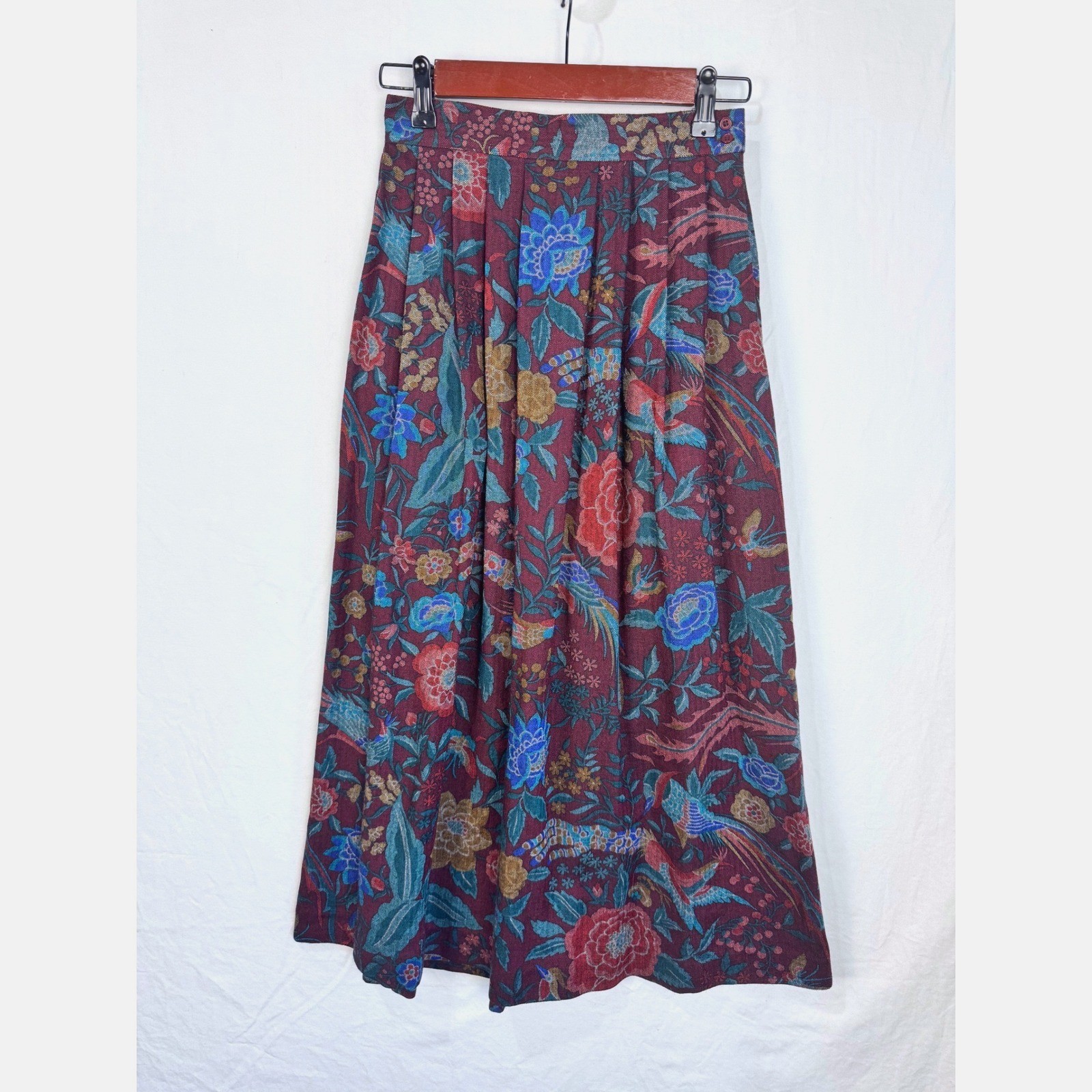 Jerri Sherman Vintage Wool Pleated Midi Skirt Burgundy Floral Pockets Size 2 NWT