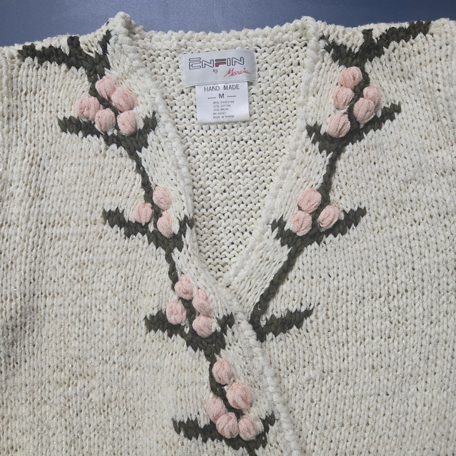Enfin by Marcia Vintage Handmade Floral Knit Sweater Cream Pink 3D Popcorn M