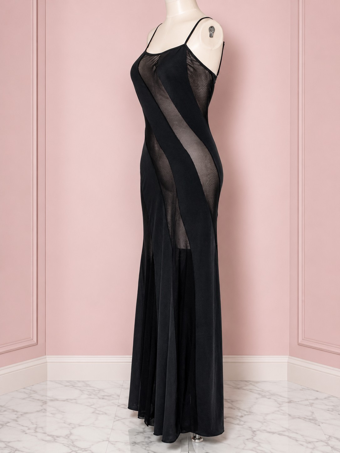 Vintage Y2K Frederick’s of Hollywood Black Sheer Mesh Panel Maxi Slip Dress M