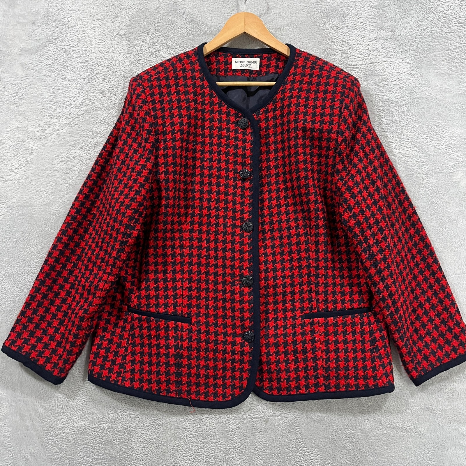 Vintage Alfred Dunner Red Navy Houndstooth Wool Blazer 42 22W USA Made Career 90