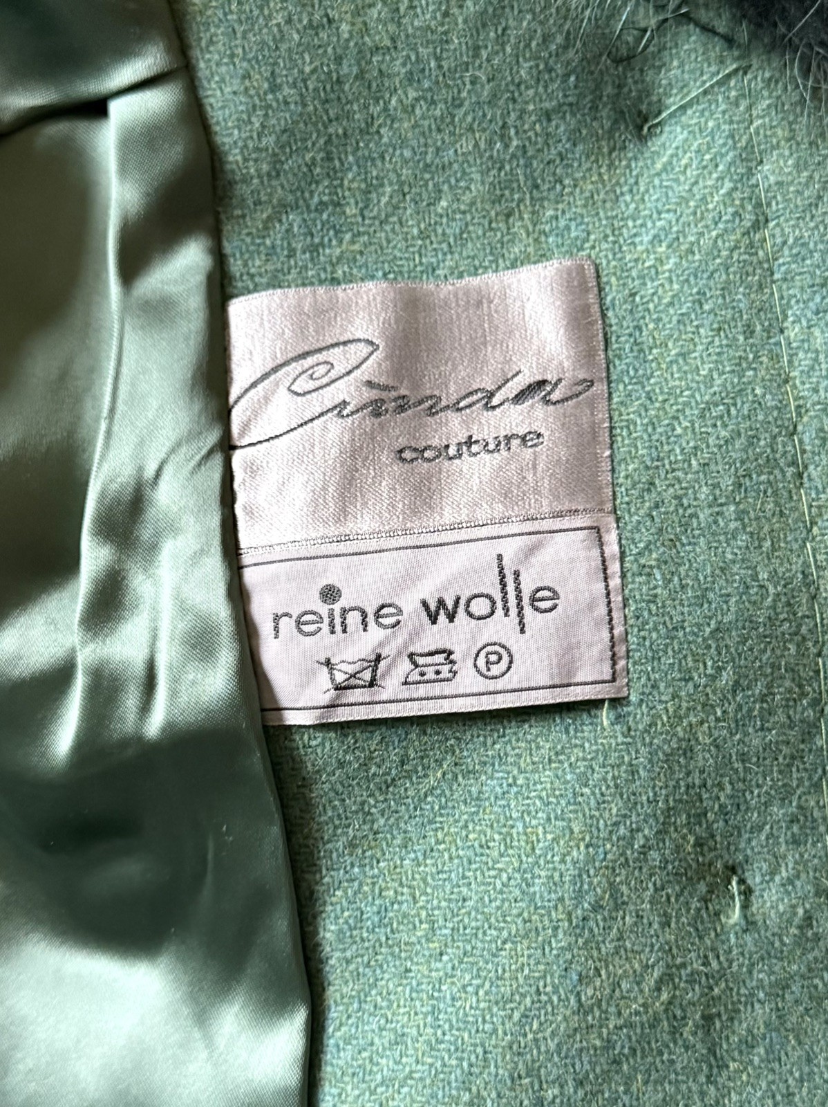 Vintage 1970s Canda Couture Pure Wool Skirt Suit Aqua Fur Collar Belted Sz 10/12