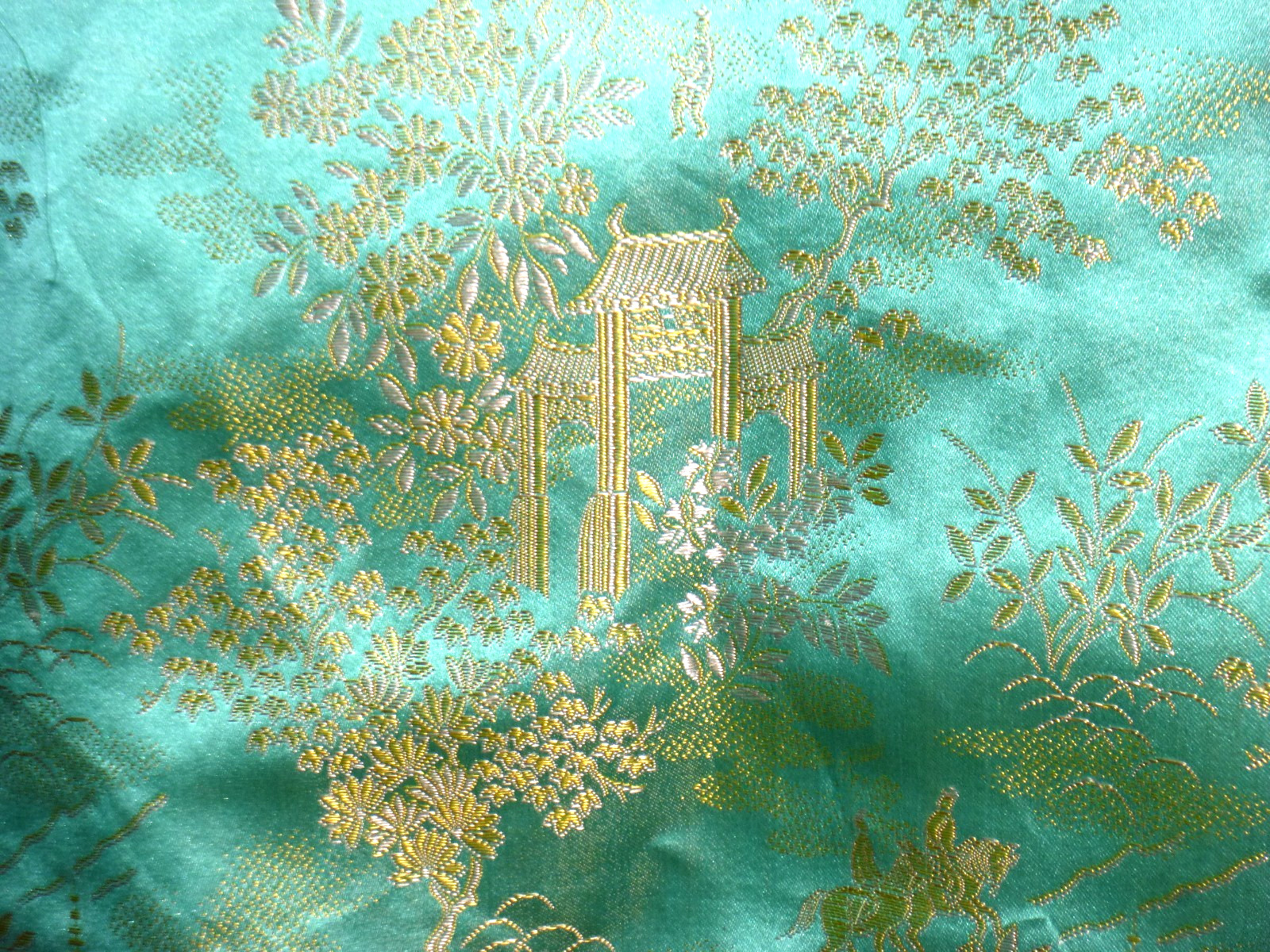 Vtg 40s 50s Aqua & Gold Satin Brocade Robe Dressing Gown Asian Motif Sz S/M
