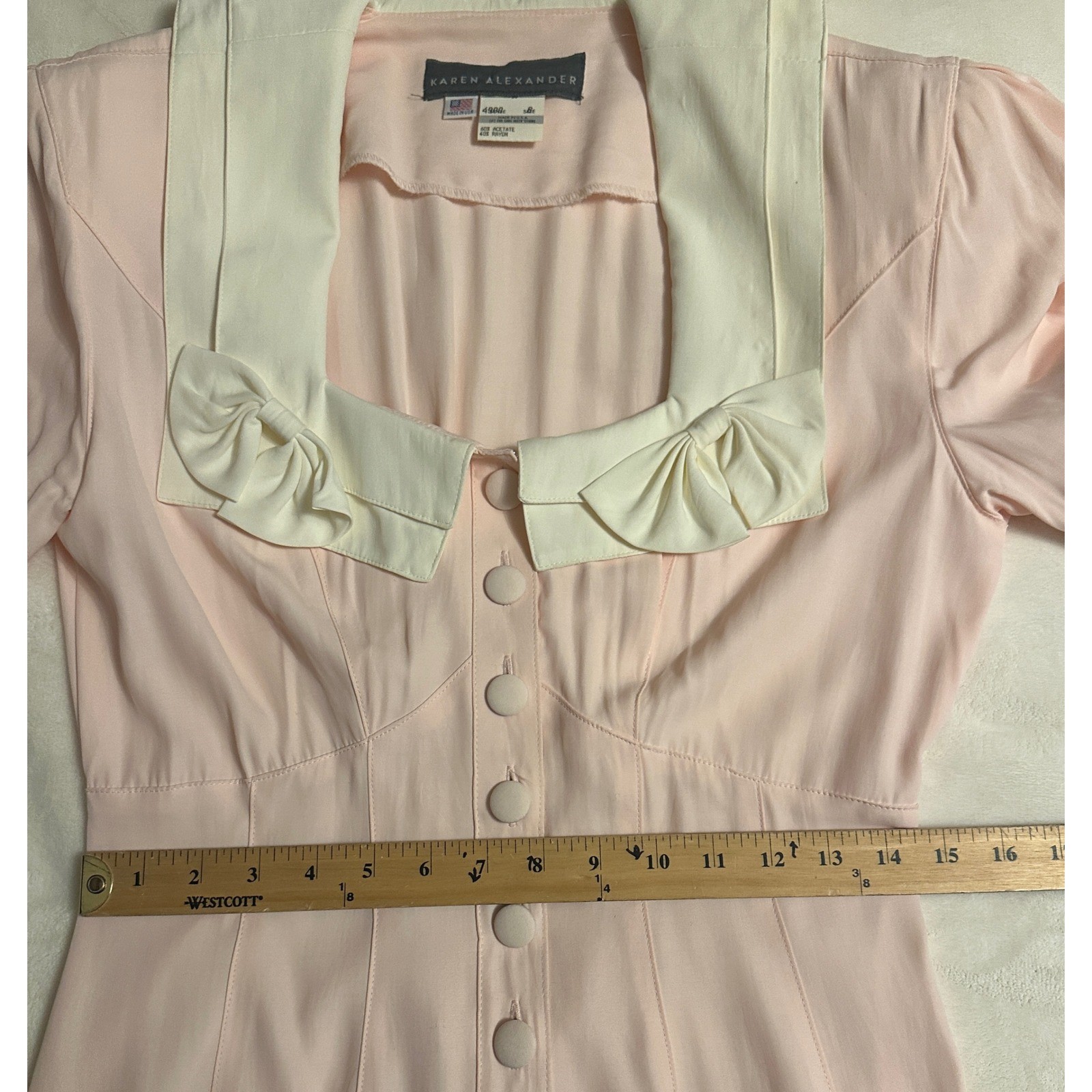 Vtg Karen Alexander 8 Pink Sailor Collar Maxi Dress Bows Button up Cottagecore