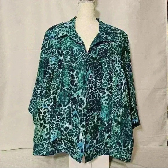 Added Dimensions Womens Top Jacket Colorful Blue & Black Animal Print