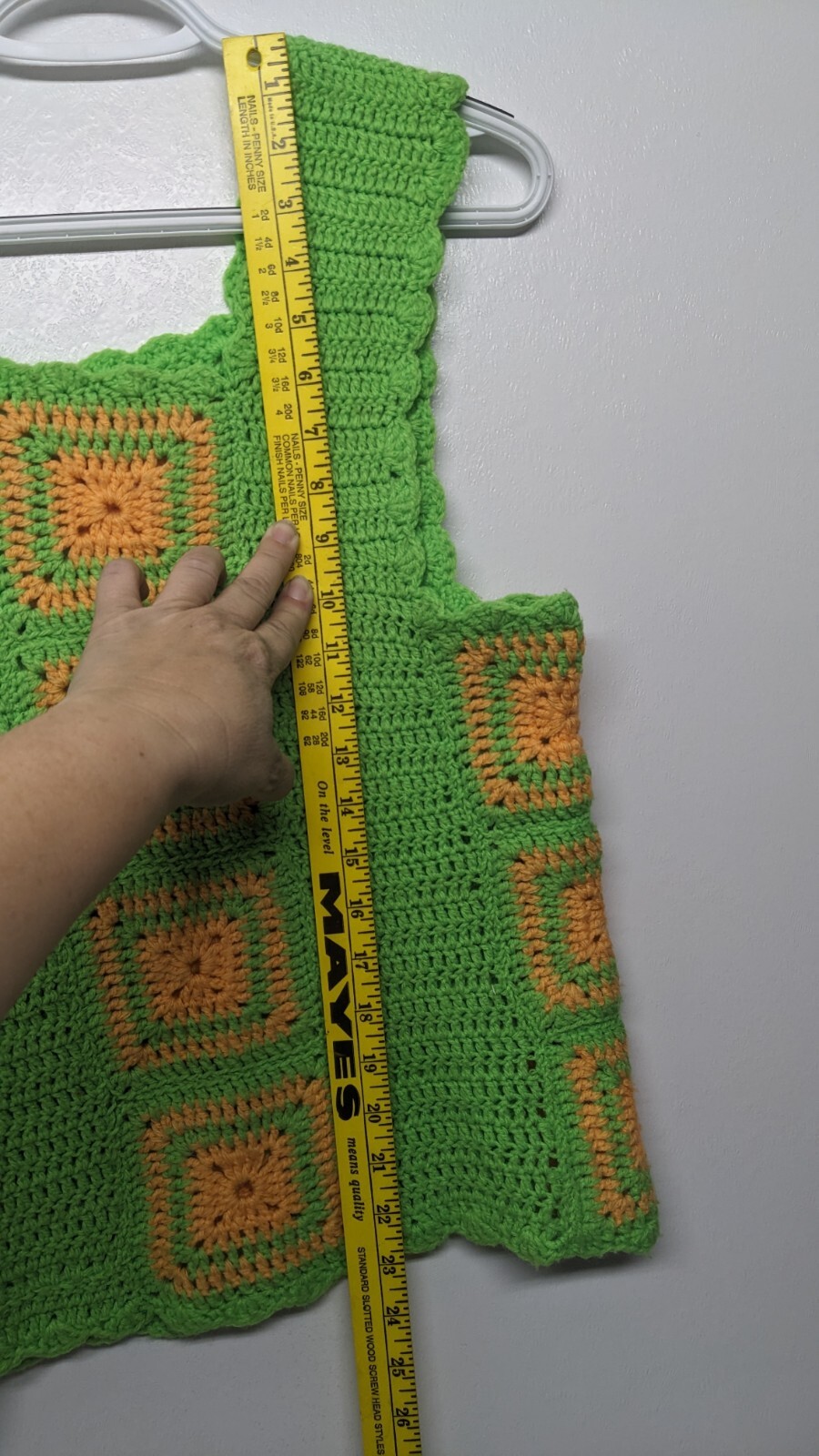 Vtg Handmade Granny Core Square Vest, Tank Top Lime/Orange Chest 17″X Length 23″