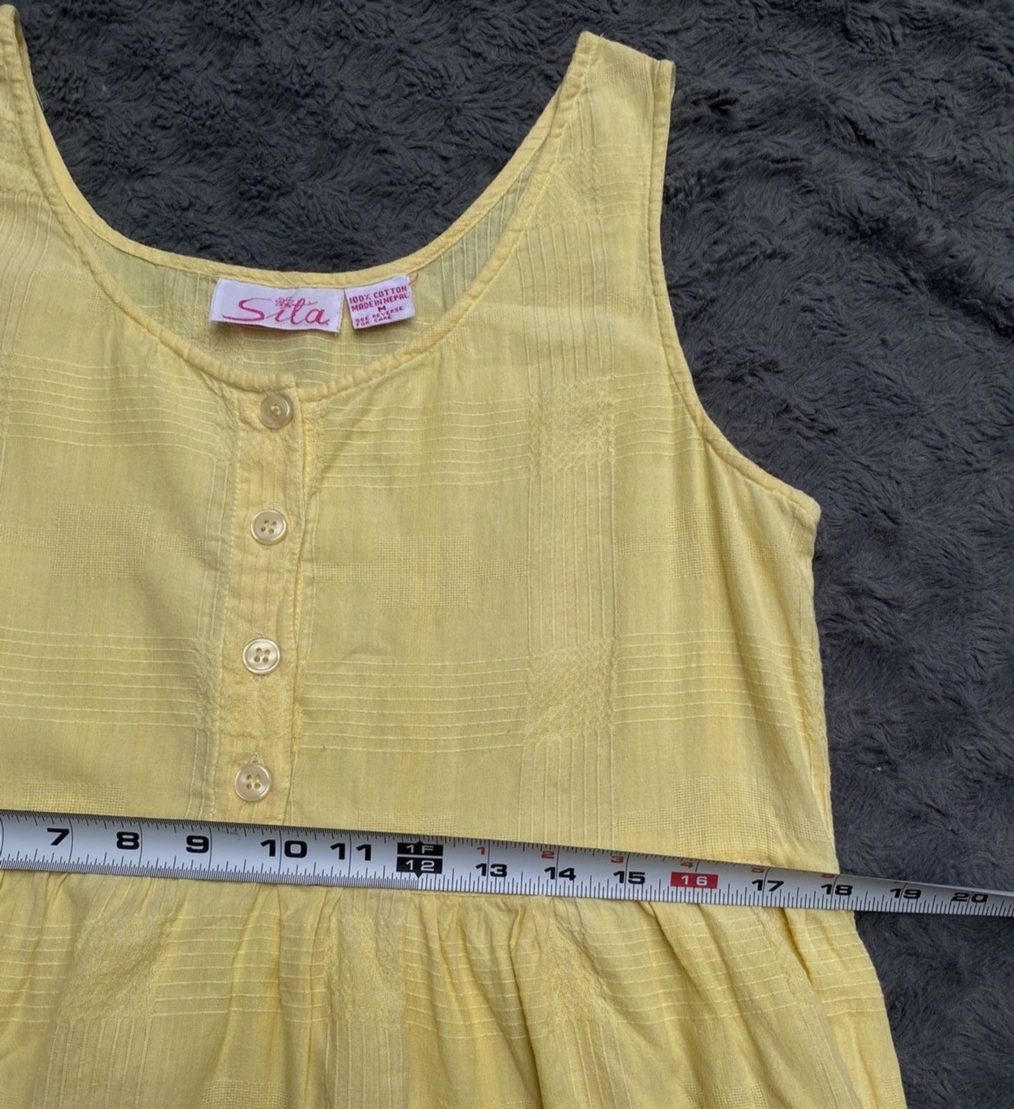 Vtg SITA M Butter Yellow SundressCotton Cottage Cabin Boho Plaid Texture Pocket