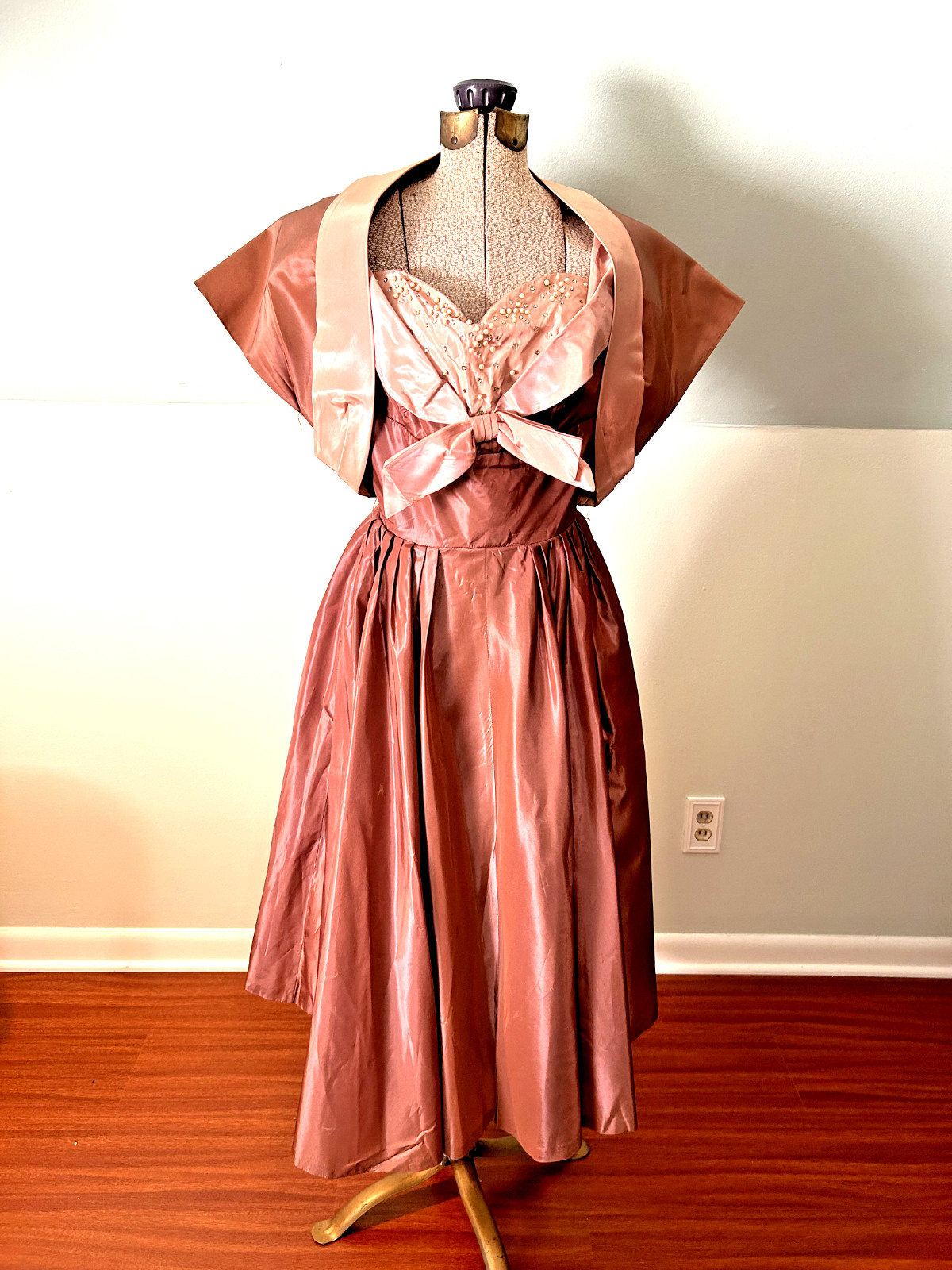 Incredible 1940s Taffeta Acetate Rhinestone Pearl Rose Pink Bustier Gown Bolero