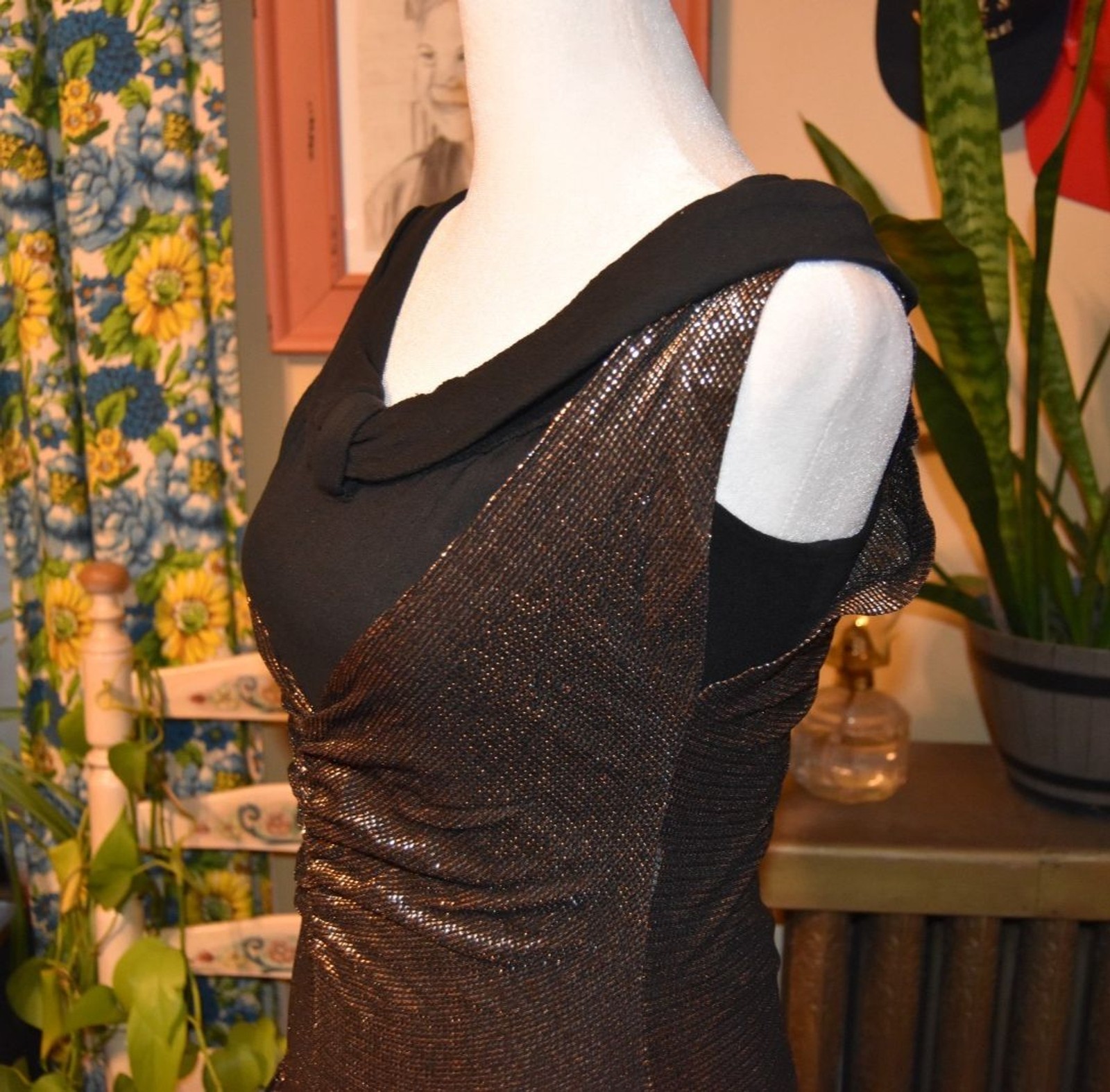 Vintage 1960s Wiggle Dress with 1980s Sheer Bronze Overlay A-Line Dress XS
