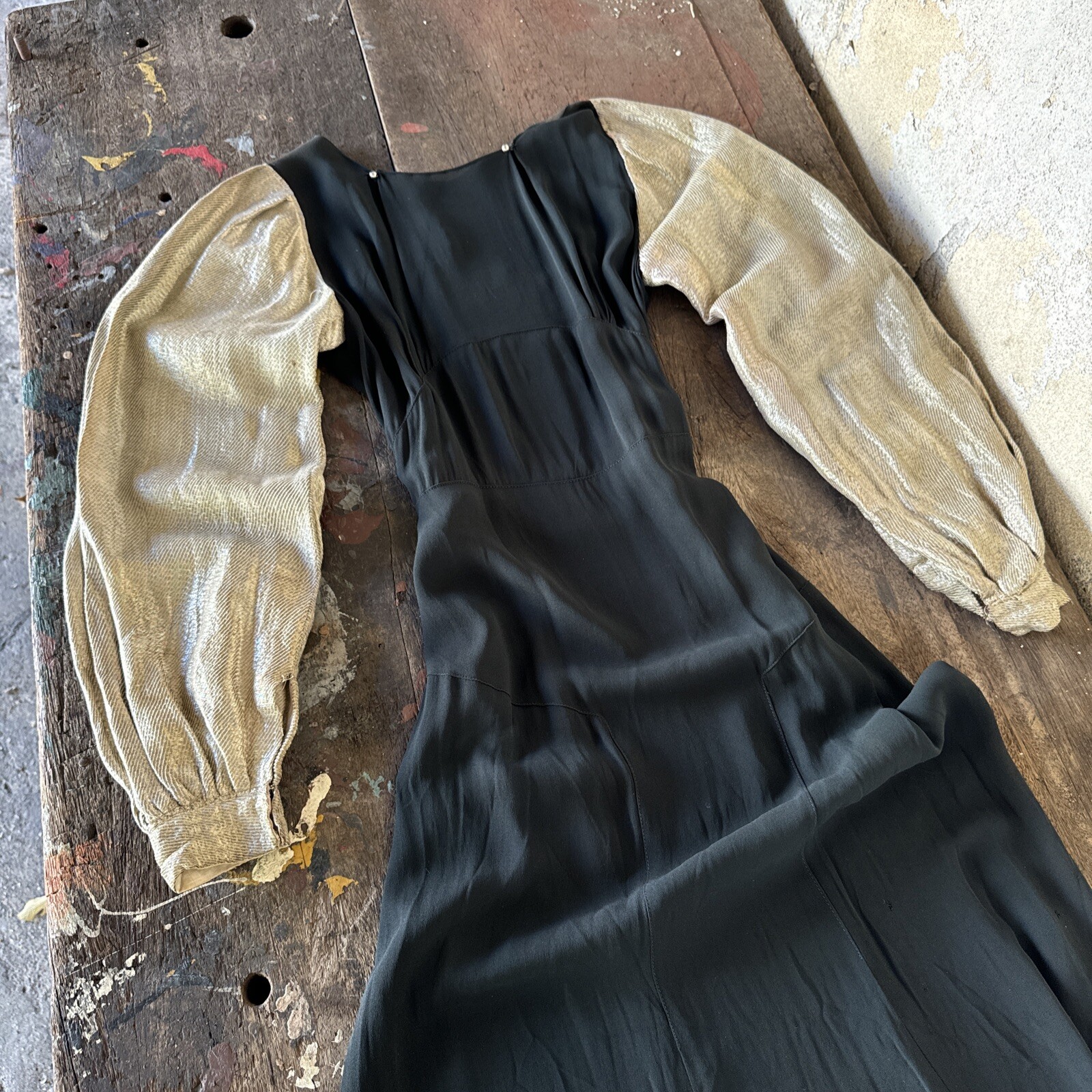 Vintage 1930s Black Silk Dress Silver Lamé Balloon Sleeves Metal Bead Accents