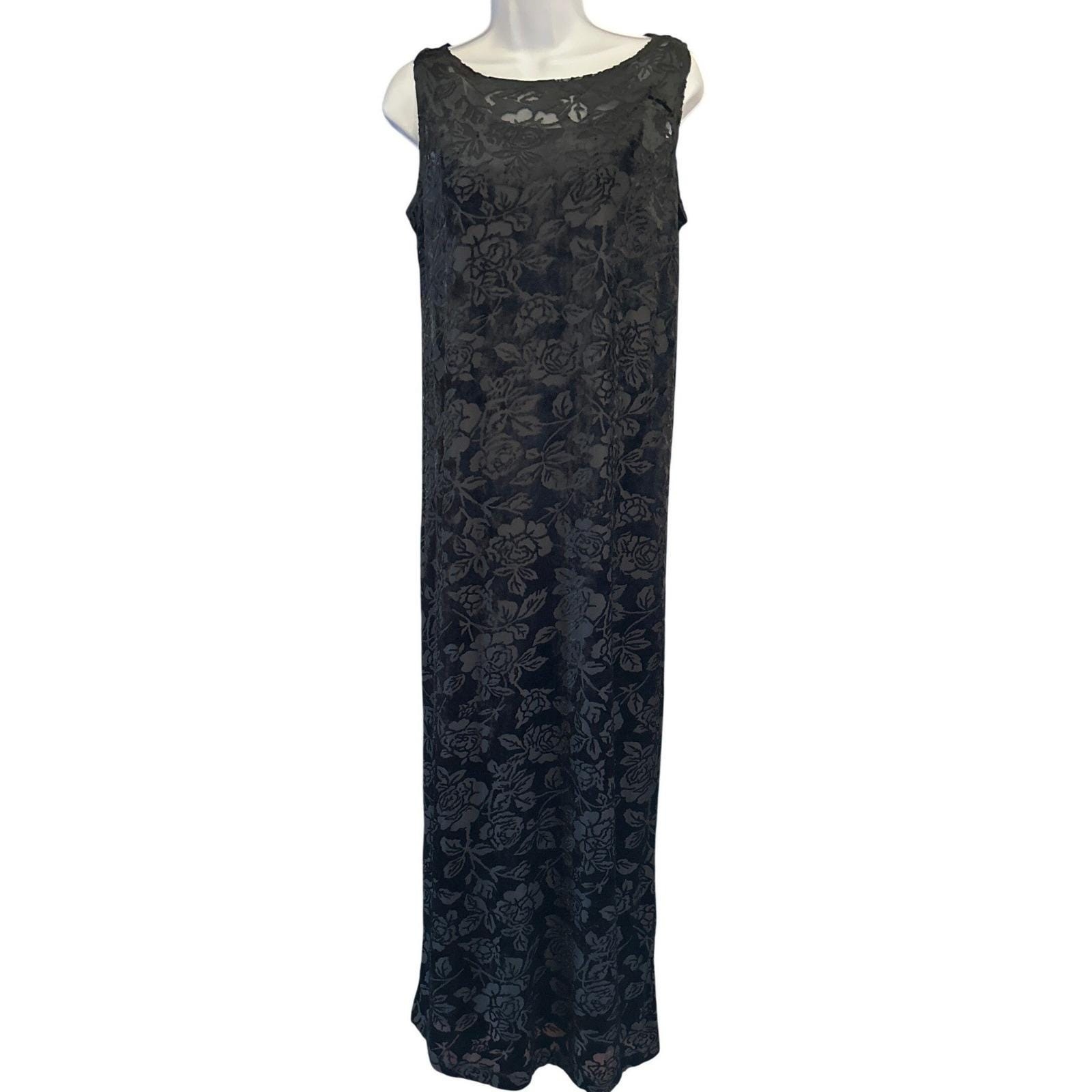 90s Carole Little Maxi Dress Whimsigoth Gothic Burnout Velvet Floral Rose Black