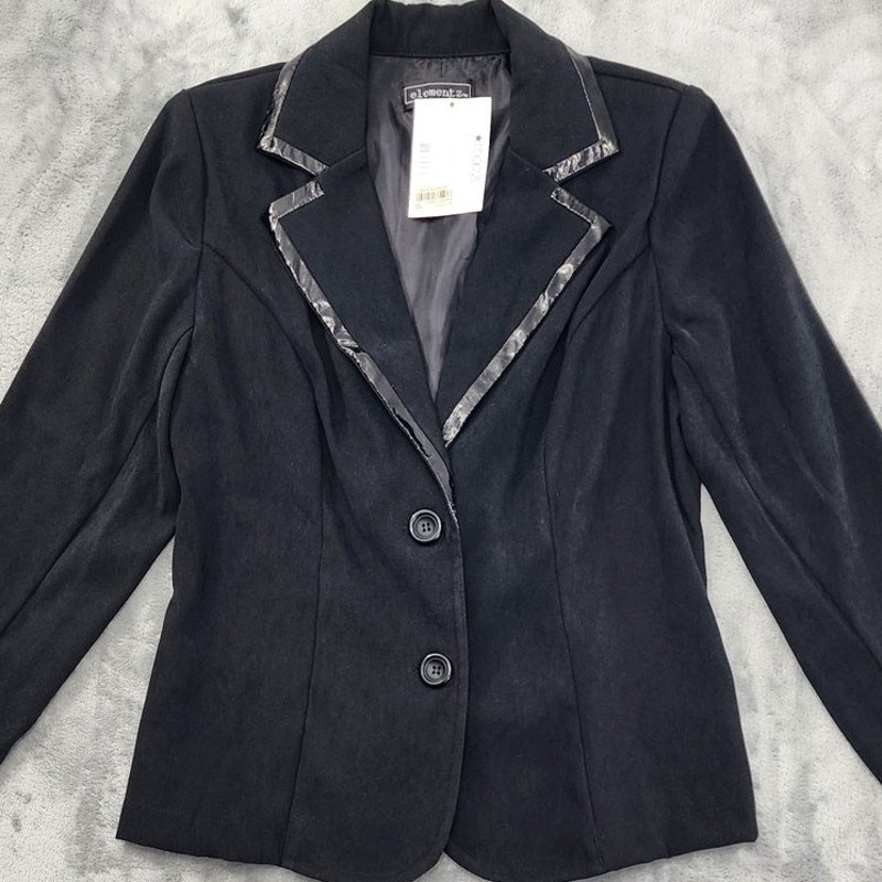 Vintage Elementz Blazer Womens S Black Faux Patent Leather Trim Office Formal